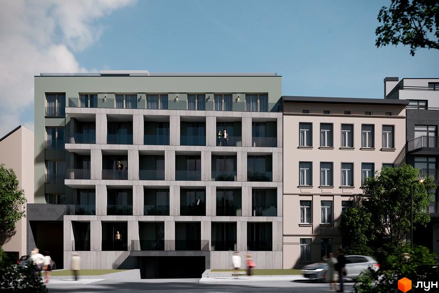 Фасад житлового комплексу PREMIUM HILLS з балконами та вікнами. Навколо будинку зелені дерева та дорога з автомобілями.