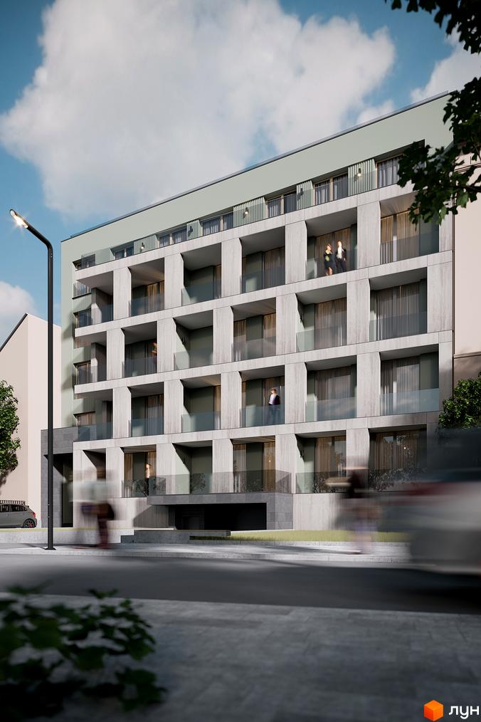 Фасад житлового комплексу PREMIUM HILLS з балконами та скляними огорожами. Поруч розташована вулиця з ліхтарем та деревами.