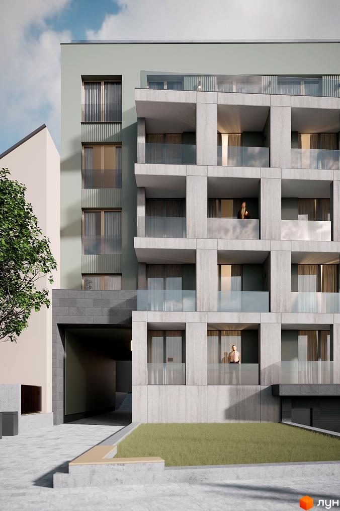 Новобудова ЖК PREMIUM HILLS з сучасними балконами та скляними огорожами. Навколо будинку зелена галявина та вимощена територія.