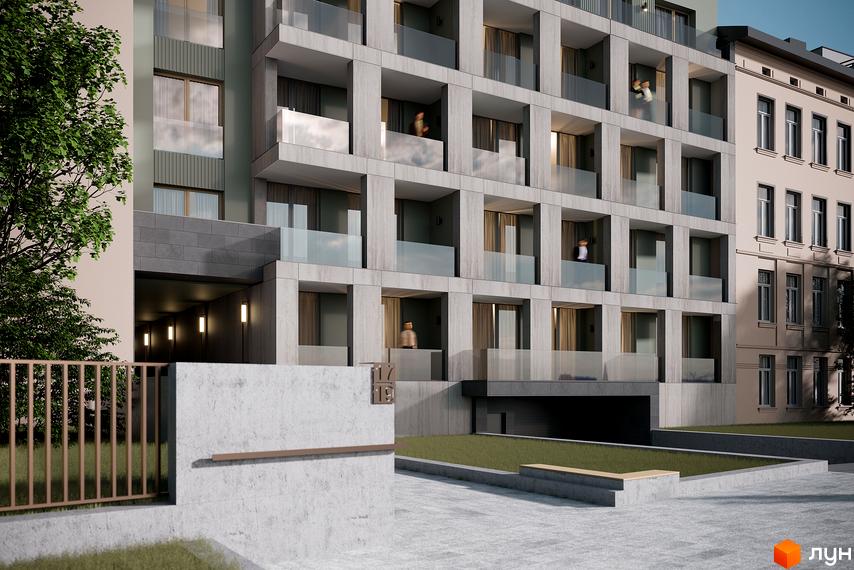 Новобудова PREMIUM HILLS з виступаючими балконами та скляними огорожами. Прибудинкова територія з газоном, лавкою та бетонним огородженням.