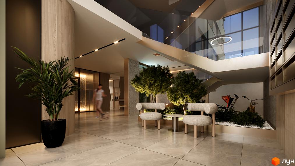 Лобі житлового комплексу PREMIUM HILLS з рослинами та зоною відпочинку. Сучасний дизайн інтер'єру з натуральних матеріалів.