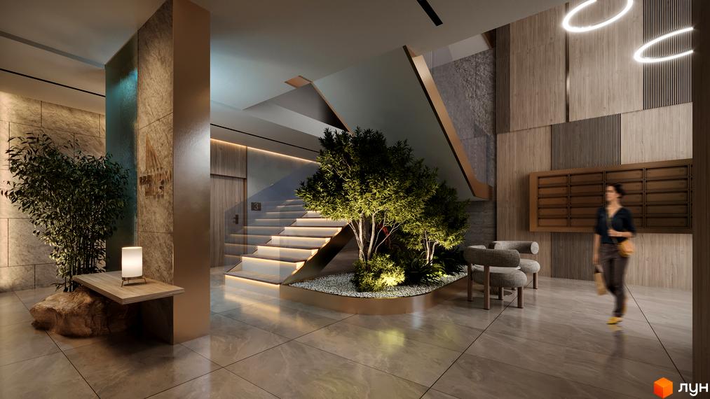 Лобі житлового комплексу PREMIUM HILLS з деревами та сходами. Сучасний дизайн інтер'єру з акцентом на природні елементи.