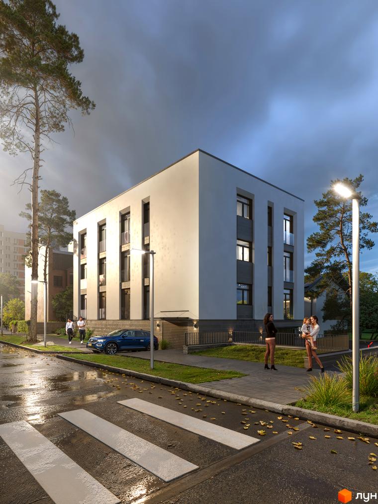 Новобудова ЖК The9 з білим фасадом та великими вікнами. Навколо будинку облаштована прибудинкова територія з освітленням та зеленими насадженнями.