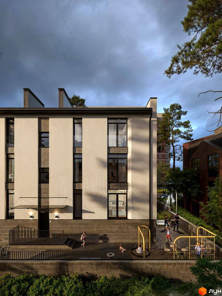 Зовнішній вигляд новобудови ЖК The9 з великими вікнами та сірою обробкою. На прибудинковій території дитячий майданчик з гойдалками та зона відпочинку.