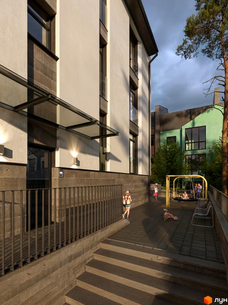 Новобудова ЖК The9 з дитячим майданчиком та гойдалкою. Зовнішній вигляд будинку з вікнами та скляним навісом.