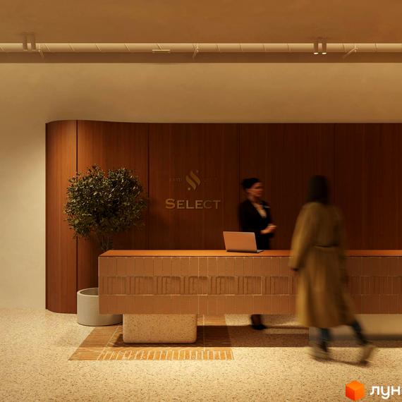 Апарт-готель PRAUD Select: сучасний рецепшн з дерев'яною стіною та зоною очікування. Територія комплексу з озелененням.