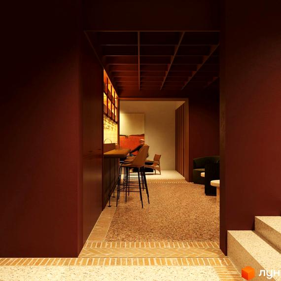 Інтер'єр апарт-готелю PRAUD select з барною стійкою та кріслами. Загальний вигляд простору з акцентом на оздоблення та меблі.