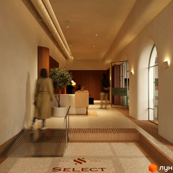 Інтер'єр апарт-готелю PRAUD select з ресепшн, рослиною та людьми. Сучасний дизайн та оздоблення створюють затишну атмосферу для мешканців.