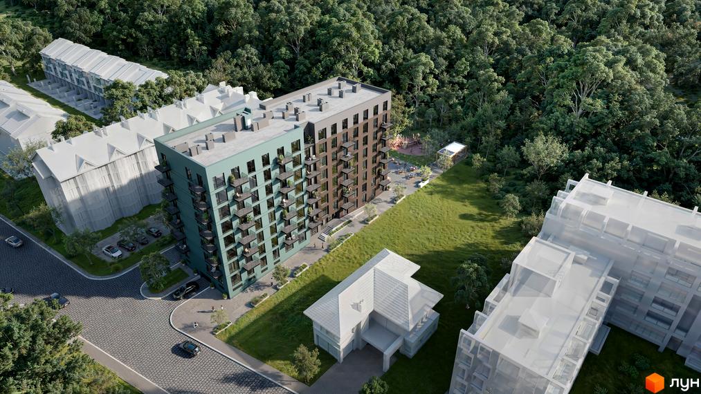 Житловий комплекс Kaiser Forest з зеленим та коричневим фасадами, балконами та прибудинковою територією з деревами та дитячим майданчиком. Оточений лісом.