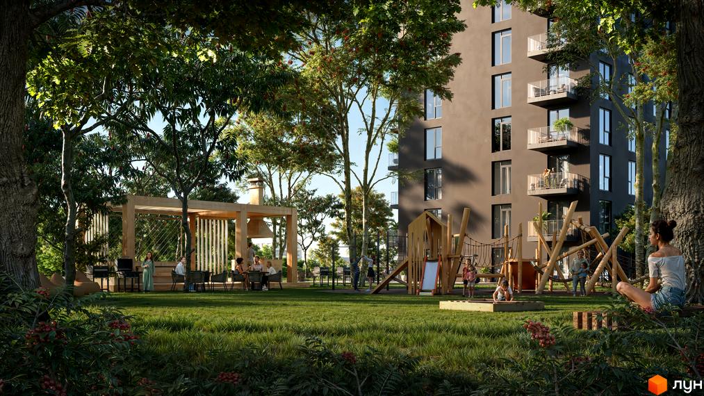 Житловий комплекс Kaiser Forest. На території комплексу розташований дитячий майданчик та зона відпочинку з альтанкою. Будинок має багато балконів.