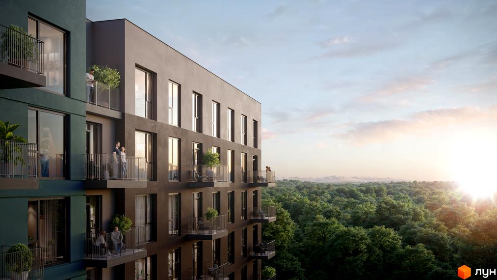 Житловий комплекс Kaiser Forest з балконами та вікнами, що виходять на зелений ліс. На балконах видно людей, що насолоджуються краєвидом.