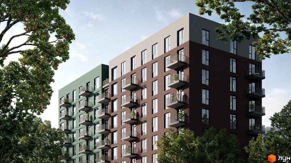 Житловий комплекс Kaiser Forest – це сучасна багатоповерхова будівля з балконами та великими вікнами, оточена зеленню дерев. Зовнішній вигляд комплексу вражає своєю архітектурою та кольоровою гамою.