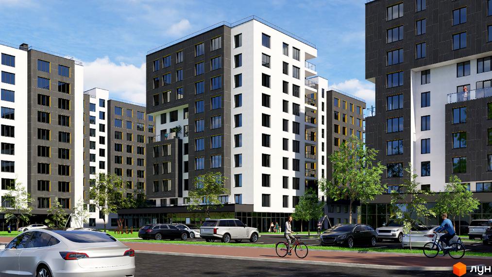 Житловий комплекс Гармонія: сучасні багатоповерхові будинки з білими та сірими фасадами, панорамними вікнами та балконами. На прибудинковій території зелені насадження та місця для паркування.