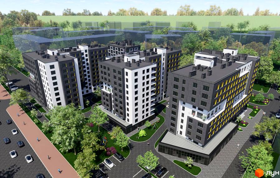 Зовнішній вигляд житлового комплексу Гармонія: багатоповерхові будинки з білими та сірими фасадами, жовтими акцентами. Прибудинкова територія з зеленими насадженнями, дитячим майданчиком та парковкою.