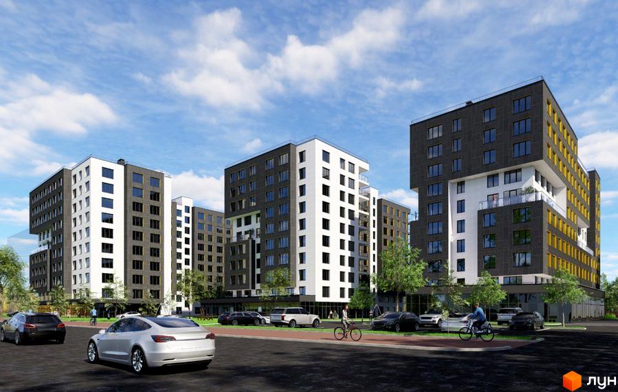 Житловий комплекс Гармонія. Сучасні багатоповерхові будинки з білими та темно-сірими фасадами, жовтими акцентами. Навколо зелені насадження, дороги з автомобілями та пішоходами.