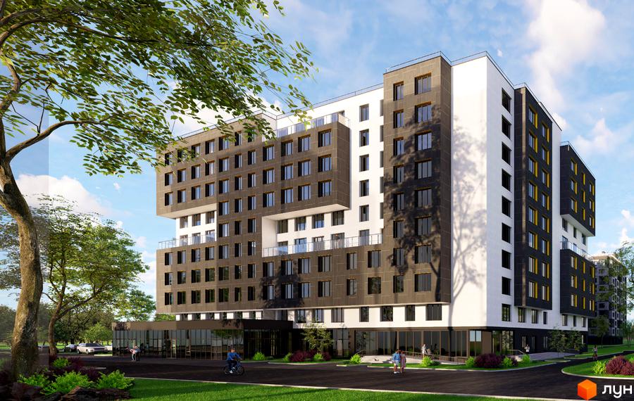 Новобудова ЖК Гармонія з темними та білими фасадами, великою кількістю вікон та балконів. Навколо будинку зелена територія з деревами, газонами та доріжками.