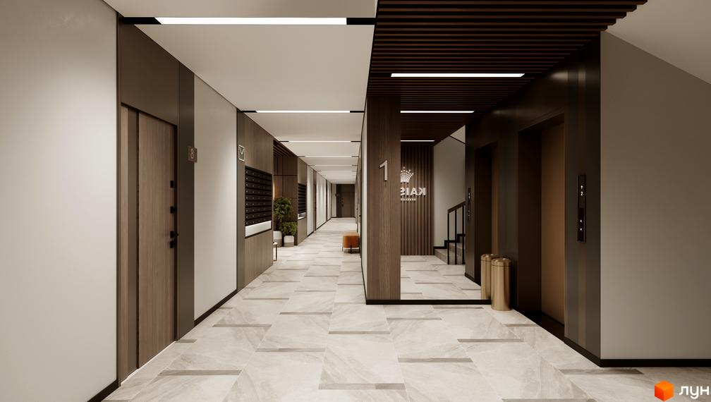 Сучасний коридор ЖК Kaiser Forest з дверима та поштовими скриньками. Елегантний дизайн інтер'єру новобудови.