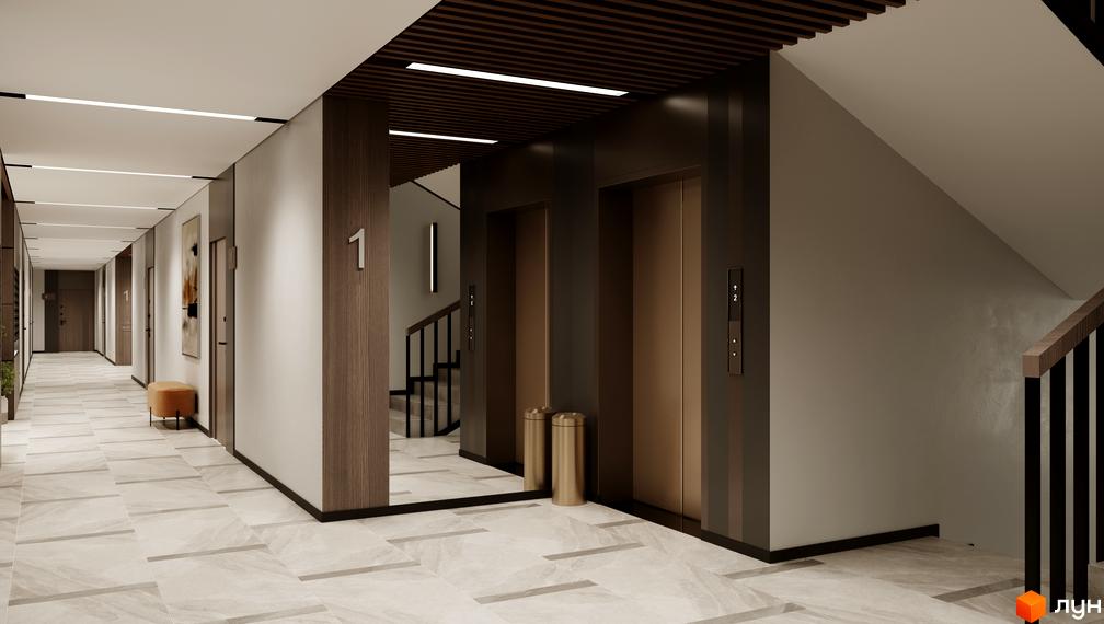Сучасний інтер'єр холу житлового комплексу Kaiser Forest з ліфтами та сходами. Просторий коридор з оздобленням під дерево та плиткою на підлозі.