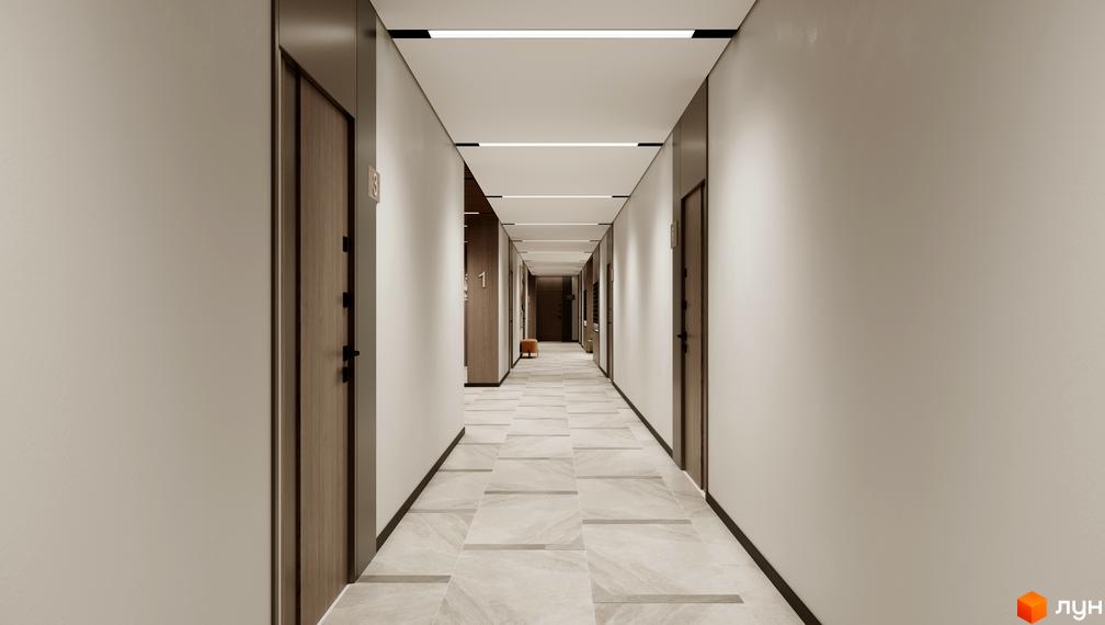 Комплекс Kaiser Forest. Довгий коридор з дверима та підлогою з плитки. Освітлення стелі.