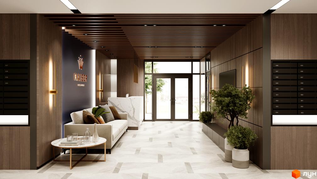 Інтер'єр лобі житлового комплексу Kaiser Forest з диваном, столиком та рецепцією. Сучасний дизайн з дерев'яними панелями та мармуровою стійкою.