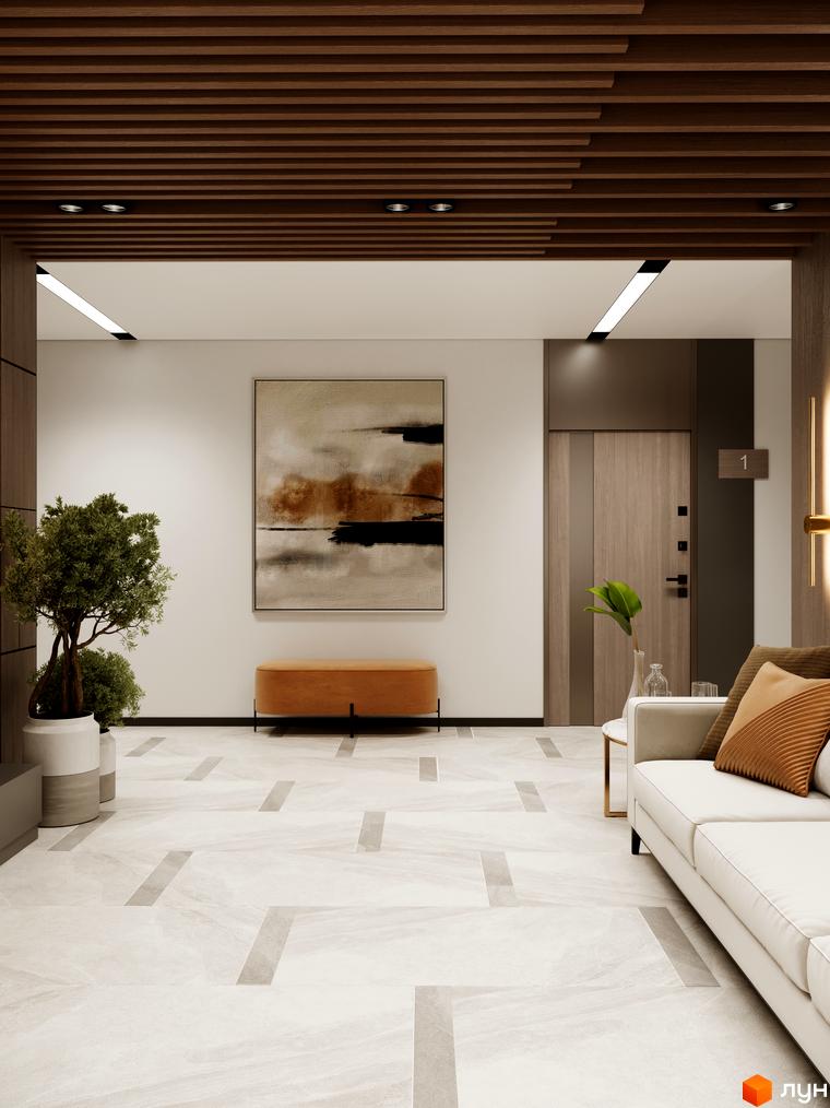 Інтер'єр холу новобудови ЖК Kaiser Forest з дерев'яними елементами, картиною та диваном. Сучасний дизайн та оздоблення створюють затишну атмосферу.