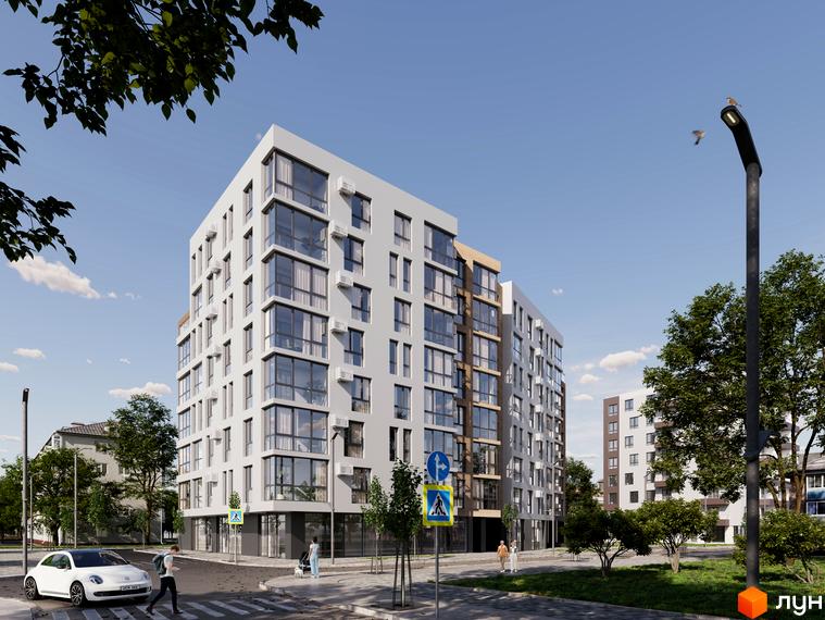 Житловий комплекс My Home – це сучасна новобудова з великими вікнами та балконами, розташована біля дороги з пішохідним переходом та зеленими насадженнями.