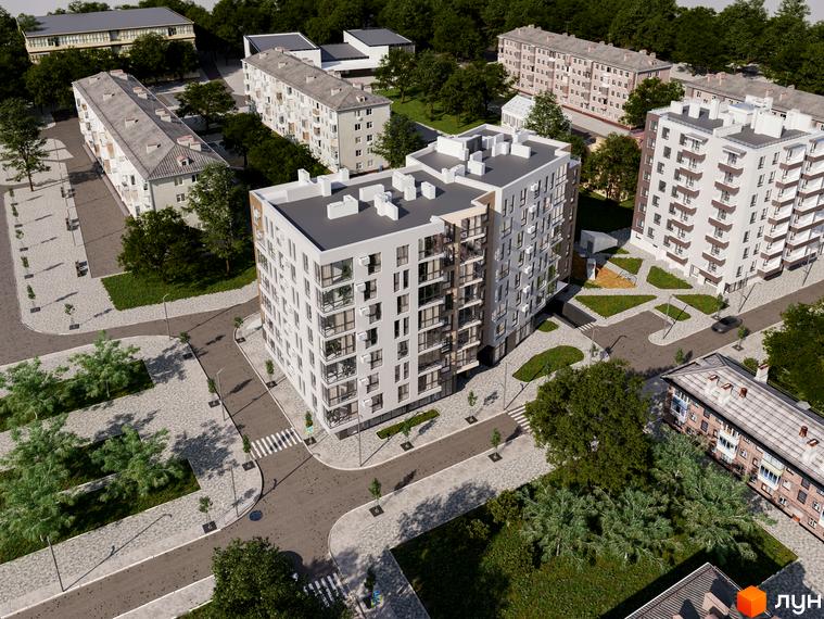 Зовнішній вигляд житлового комплексу My Home з білими фасадами та коричневими балконами. Прибудинкова територія з зеленими насадженнями та пішохідними доріжками.