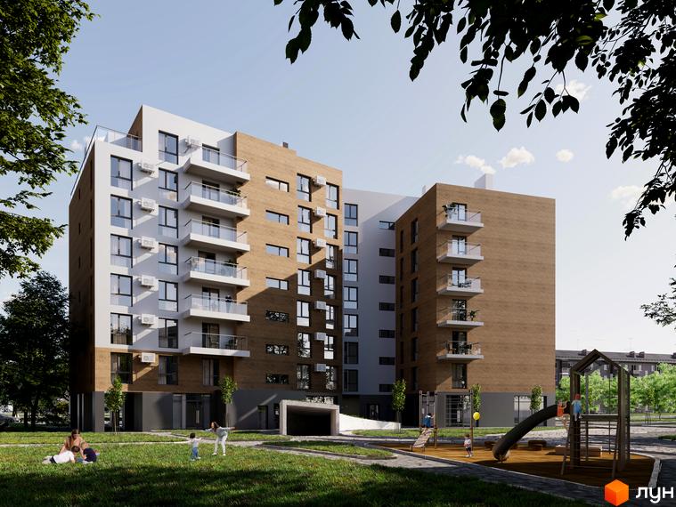 Житловий комплекс My Home - це сучасна новобудова з цегляним фасадом та скляними балконами. На прибудинковій території розташований дитячий майданчик з гіркою та гойдалками.