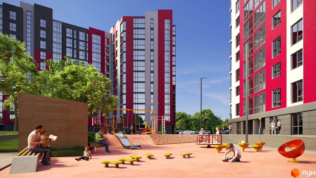 Житловий комплекс GRAND Липини має багатоповерхові будинки з червоними, сірими та білими фасадами. На території є великий дитячий майданчик.