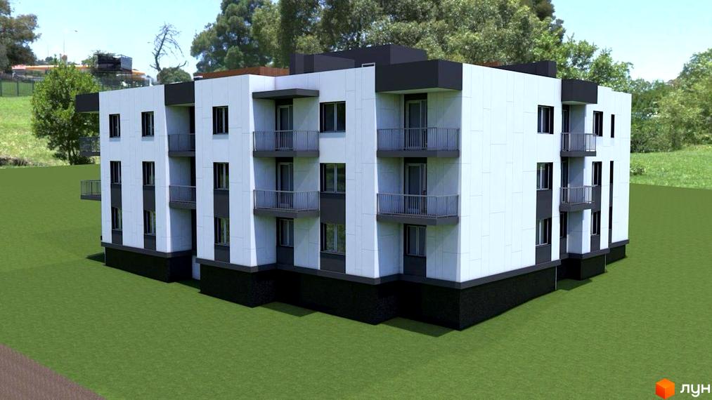 Зображення фасаду та прибудинкової території Житлового комплексу VIVA-CHERNIVTSI. Багатоповерхова будівля з балконами на зеленому газоні.