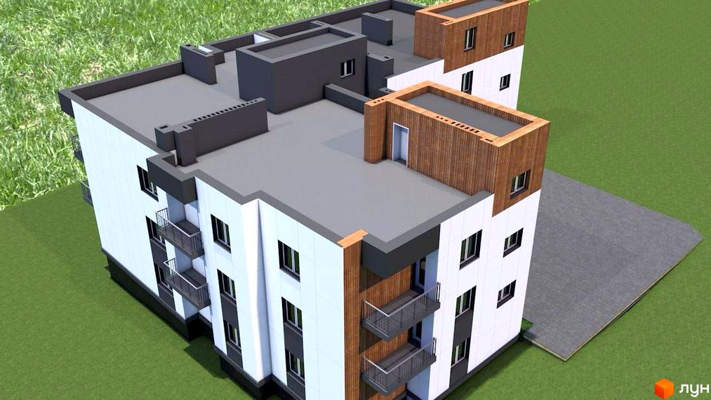 Зображення будинку Житлового комплексу VIVA-CHERNIVTSI з балконами та оздобленням під дерево. Навколо будинку зелена трава.