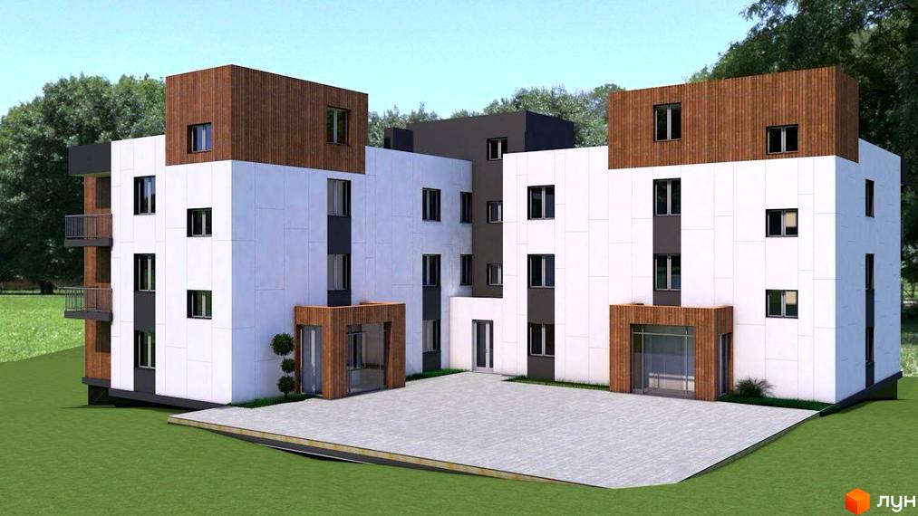 Зображення Житлового комплексу VIVA-CHERNIVTSI: триповерхова будівля з білим фасадом та дерев'яними вставками, перед будинком вимощена плитка.