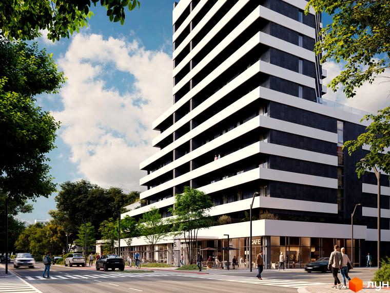 Житловий комплекс Standard One Nyvky: фасад будинку з чорними та білими горизонтальними смугами, зелені дерева та міська вулиця з пішохідним переходом.