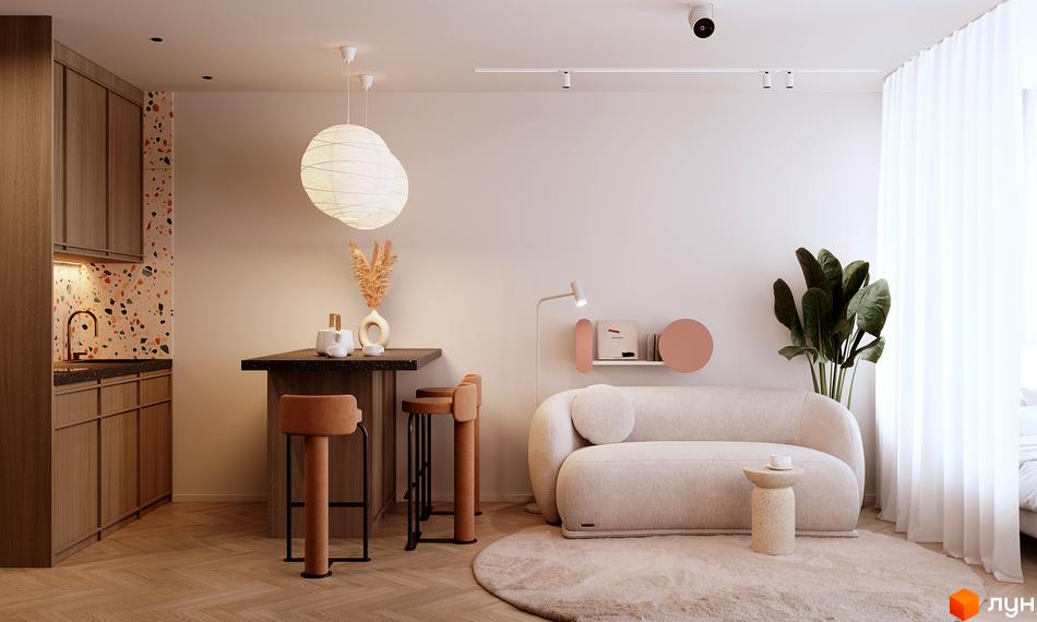 Інтер'єр квартири в ЖК Standard One Nyvky: кухня з барною стійкою, диван, круглий килим, рослини, білі штори. Світлі тони, мінімалізм.