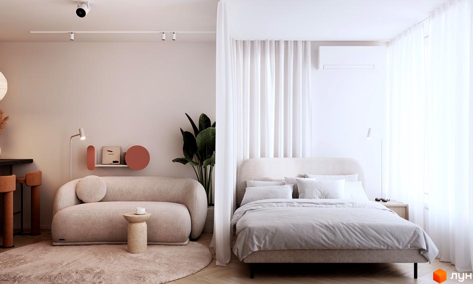 Інтер'єр квартири в житловому комплексі Standard One Nyvky: диван, ліжко та елементи декору. Сучасне планування житлового комплексу.