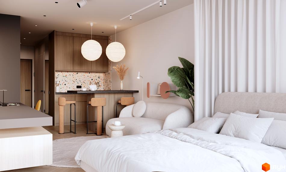 Інтер'єр квартири в ЖК Standard One Nyvky з кухнею-вітальнею, спальнею, м'якими меблями та світлими відтінками в оздобленні.