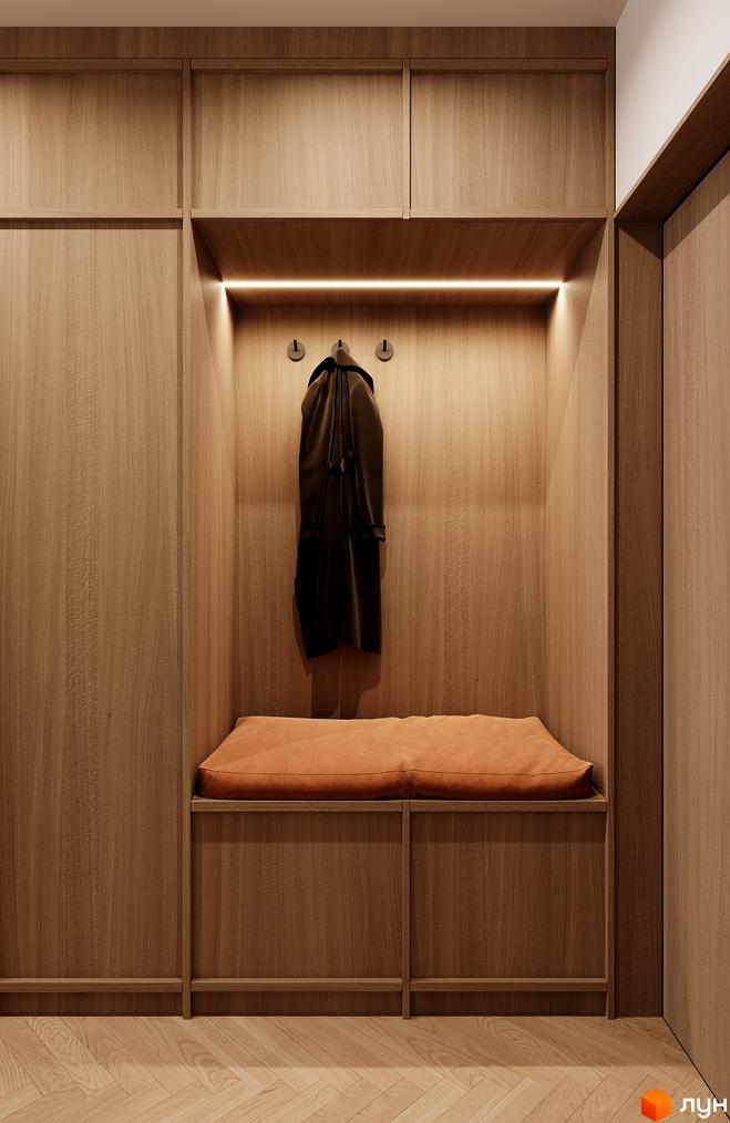 Передпокій у новобудові ЖК Standard One Nyvky з дерев'яними панелями, вбудованою шафою та м'якою лавою. Стильний дизайн інтер'єру для комфортного проживання.