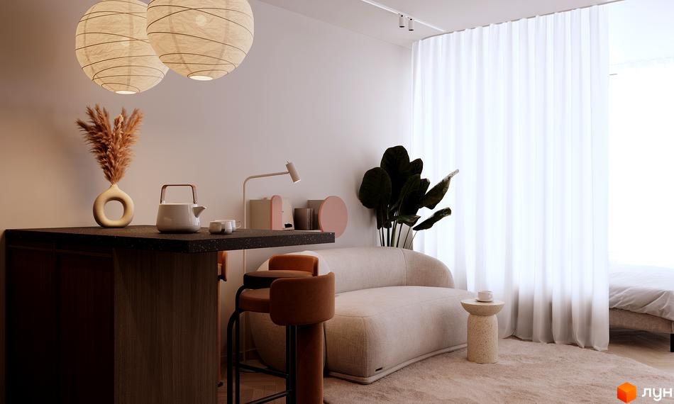 Інтер'єр квартири в ЖК Standard One Nyvky з диваном, барними стільцями та елементами декору. Сучасний дизайн житлового комплексу.