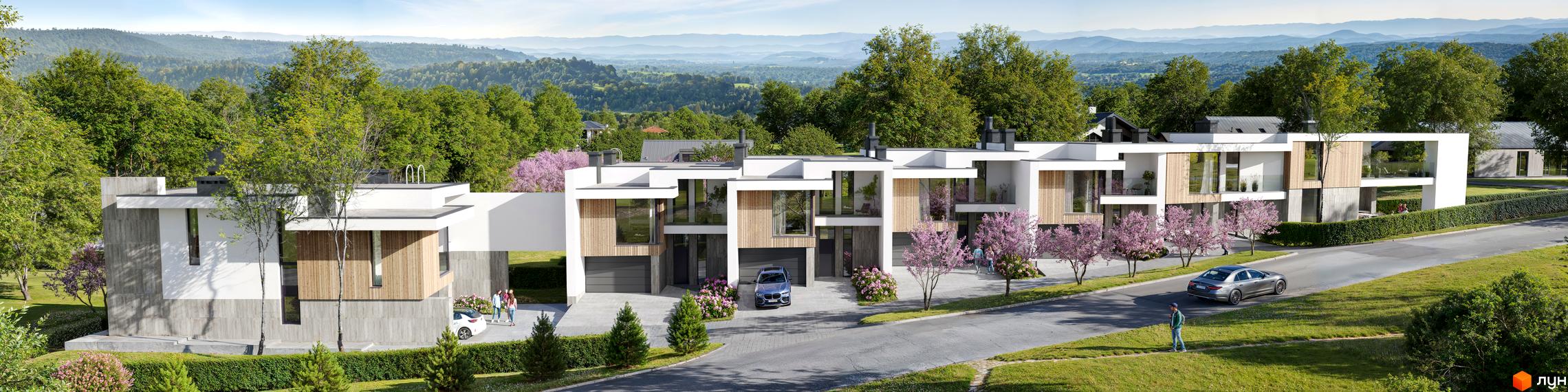 Таунхауси Blooming garden з білими та дерев'яними фасадами, великими вікнами та балконами. Навколо доглянута територія з квітучими деревами та зеленими насадженнями.