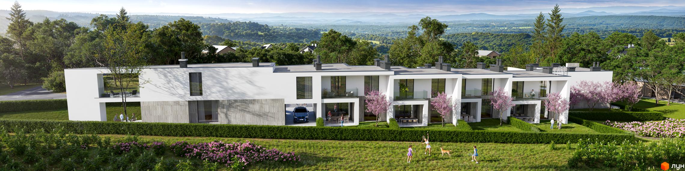 Таунхауси Blooming garden: білі будинки з великими вікнами та балконами. Навколо розкинувся зелений газон з квітучими деревами та кущами.