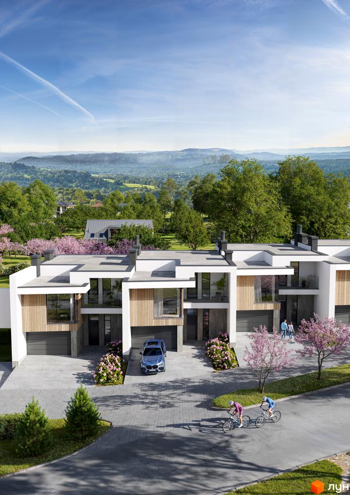 Таунхауси Blooming garden з білими фасадами, дерев'яними елементами та плоскими дахами. На території є бруківка, зелені насадження та квітучі дерева.