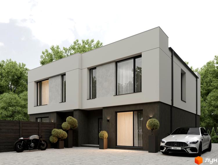 Зовнішній вигляд двоповерхового будинку житлового комплексу на вулиці Козацькій, 28/23, з автомобілем та мотоциклом на подвір'ї.