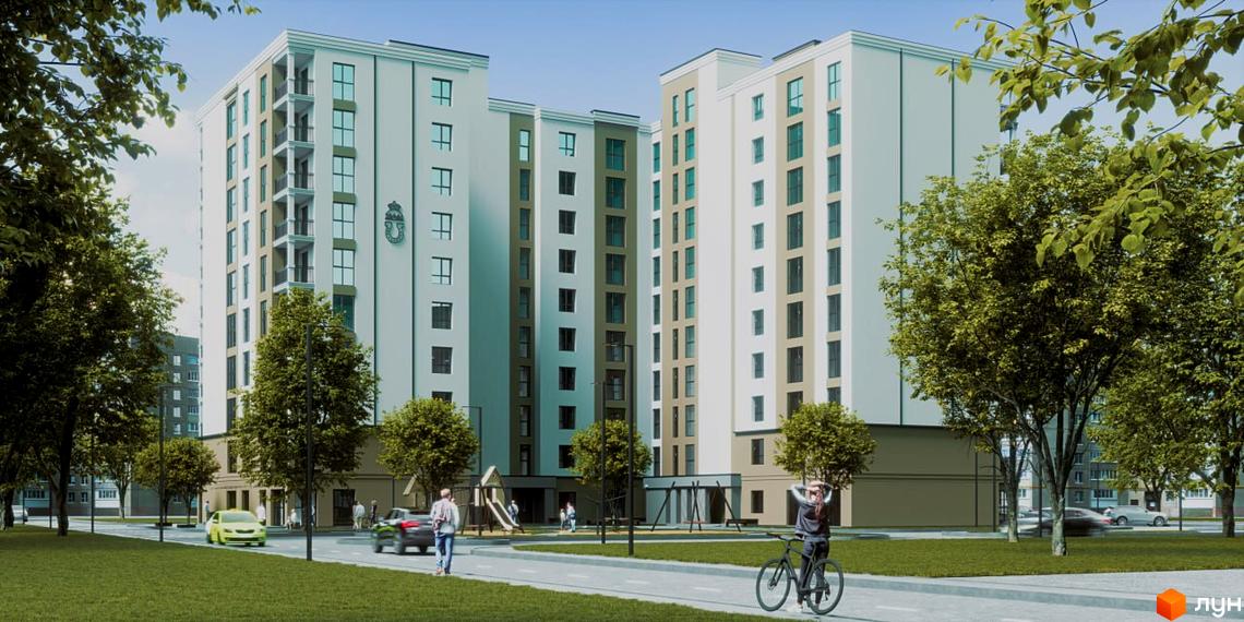 Зовнішній вигляд житлового комплексу Відродження з фасадами білого та сірого кольорів, балконами та прибудинковою територією з дитячим майданчиком та деревами.