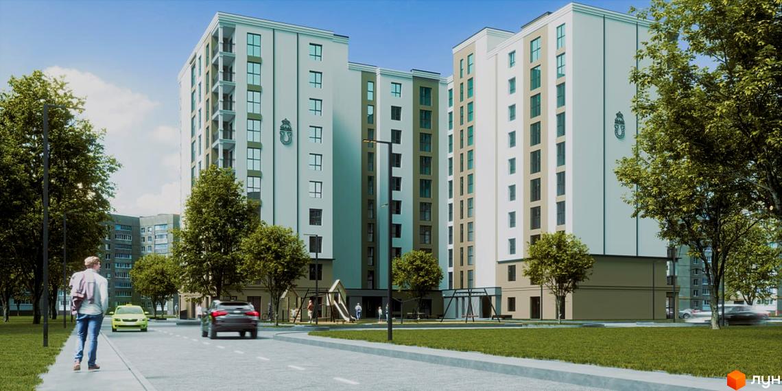 Зовнішній вигляд новобудови ЖК Відродження з фасадами світлих кольорів та зеленими елементами. Територія навколо комплексу озеленена деревами та має дитячий майданчик.