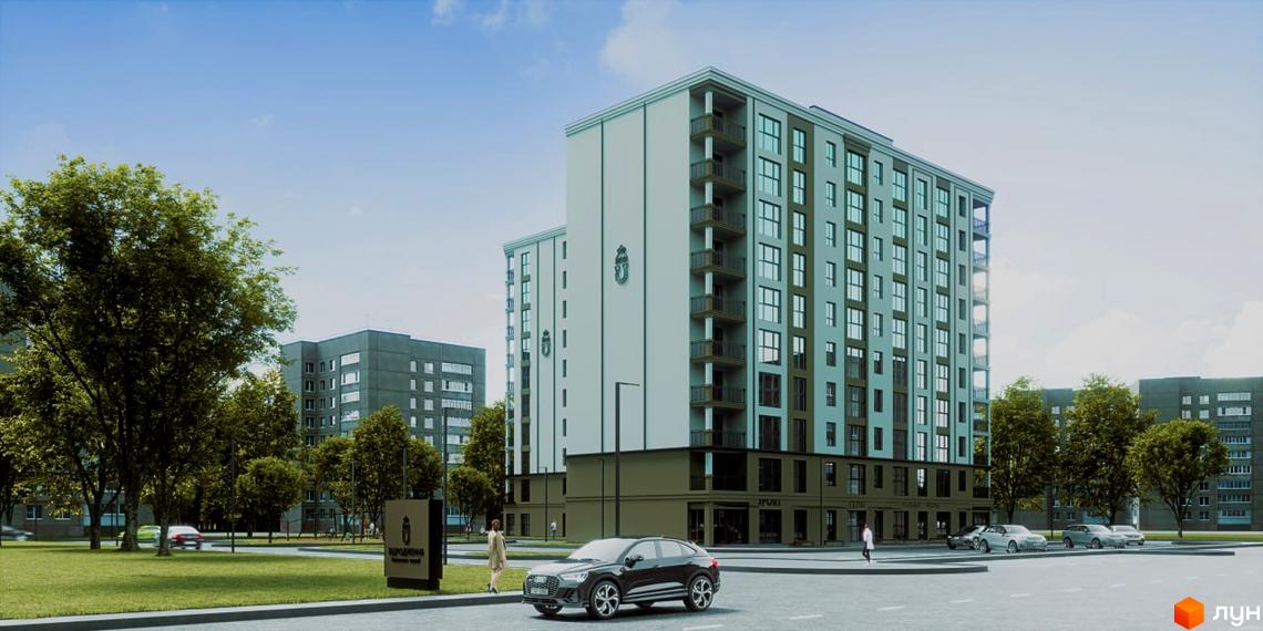 Житловий комплекс Відродження - це сучасна новобудова з фасадами світло-сірого кольору та балконами з темними перилами. Територія навколо будинку озеленена деревами та має доглянутий газон.