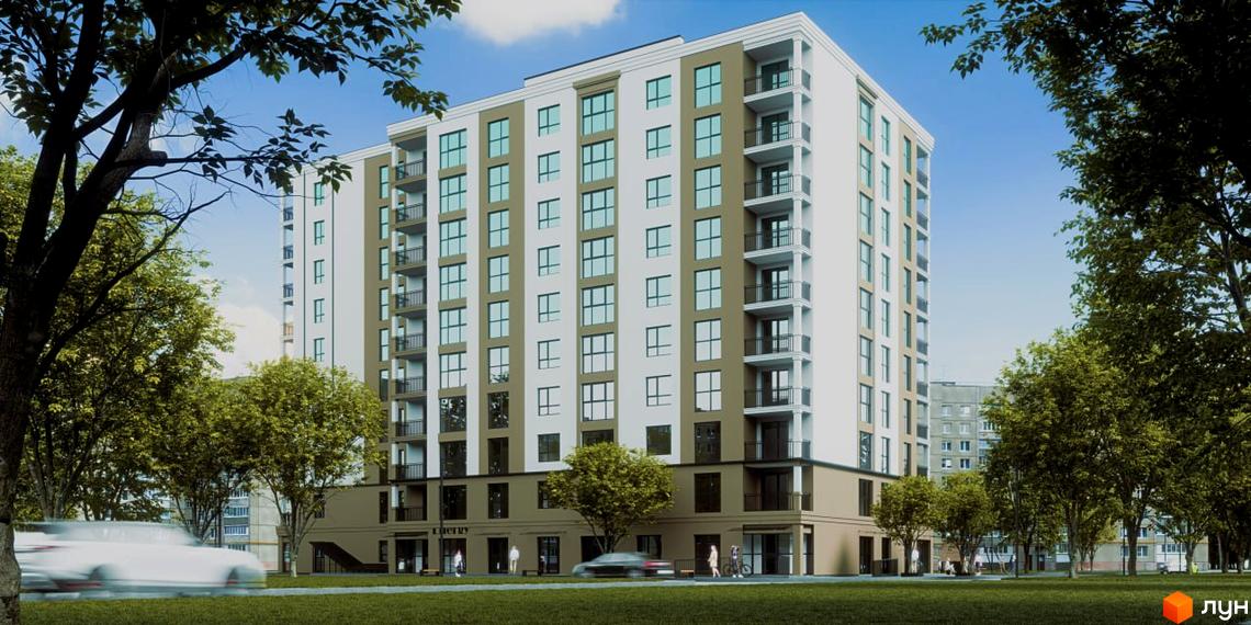 Новобудова ЖК Відродження з біло-бежевим фасадом та балконами, оточена деревами та зеленою зоною.