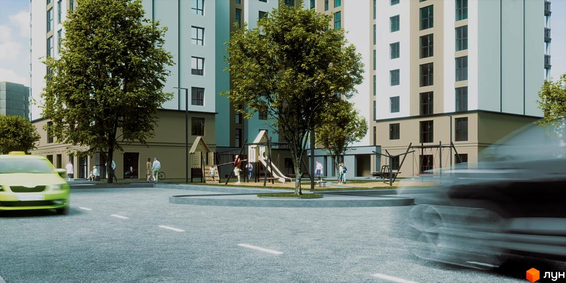 Житловий комплекс Відродження: багатоповерхові будинки з великою кількістю вікон та дитячим майданчиком з гірками та гойдалками.