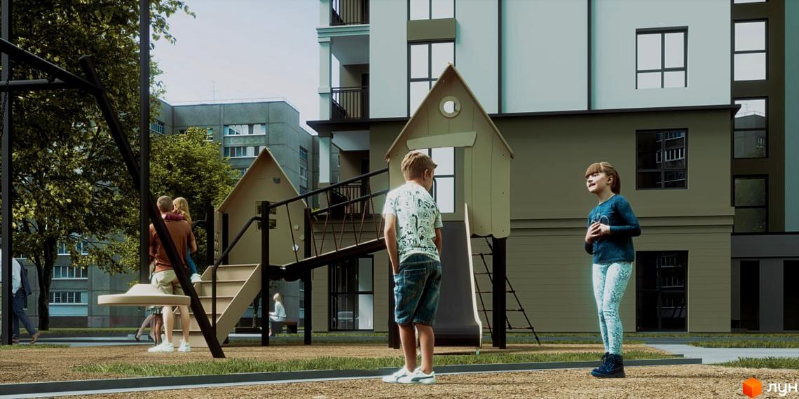 Житловий комплекс Відродження: сучасна архітектура та дитячий майданчик з гірками та гойдалками. Зелена прибудинкова територія для відпочинку.
