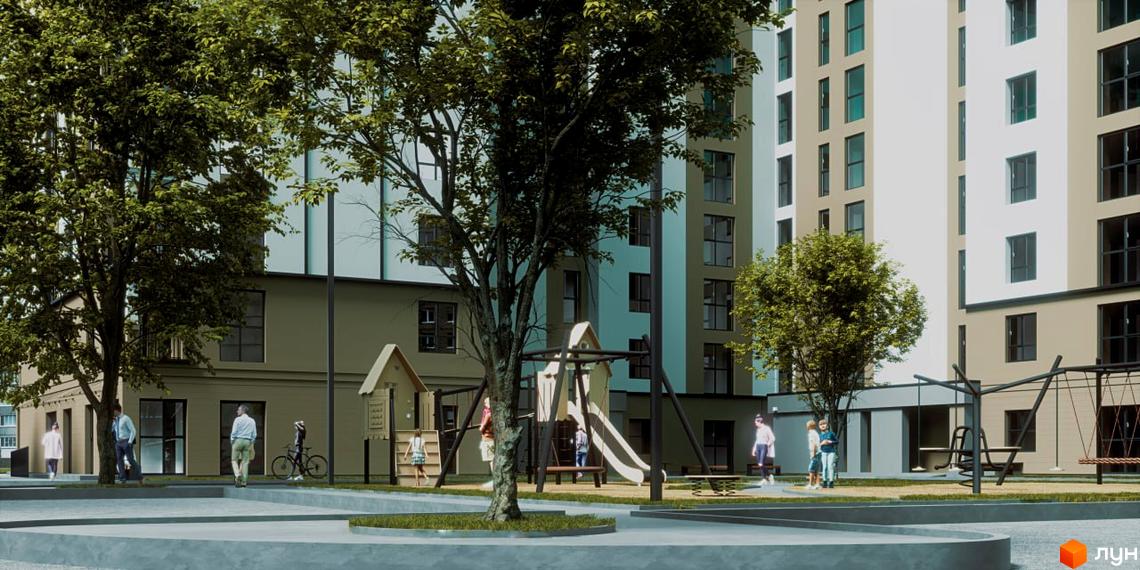 Житловий комплекс Відродження: фасади будівель та дитячий майданчик з гойдалками та гіркою. Територія комплексу з деревами та зонами відпочинку.