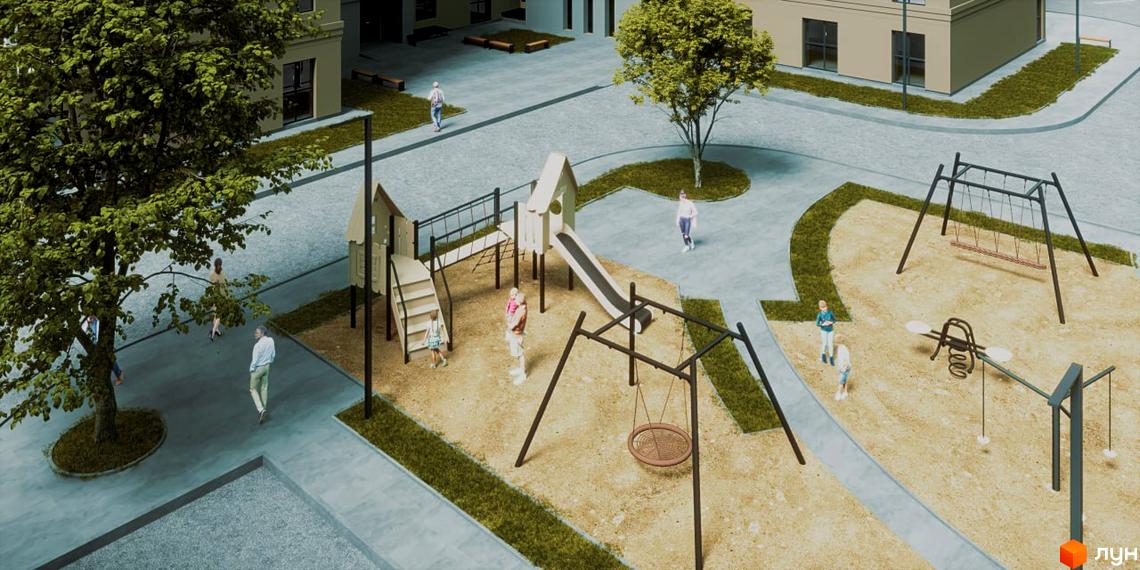Житловий комплекс Відродження. Дитячий майданчик з гойдалками, гіркою та пісочницею біля будівель.